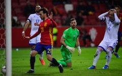 Spain score their second goal on the stroke of half-time Spain score their second goal on the stroke of half-time
