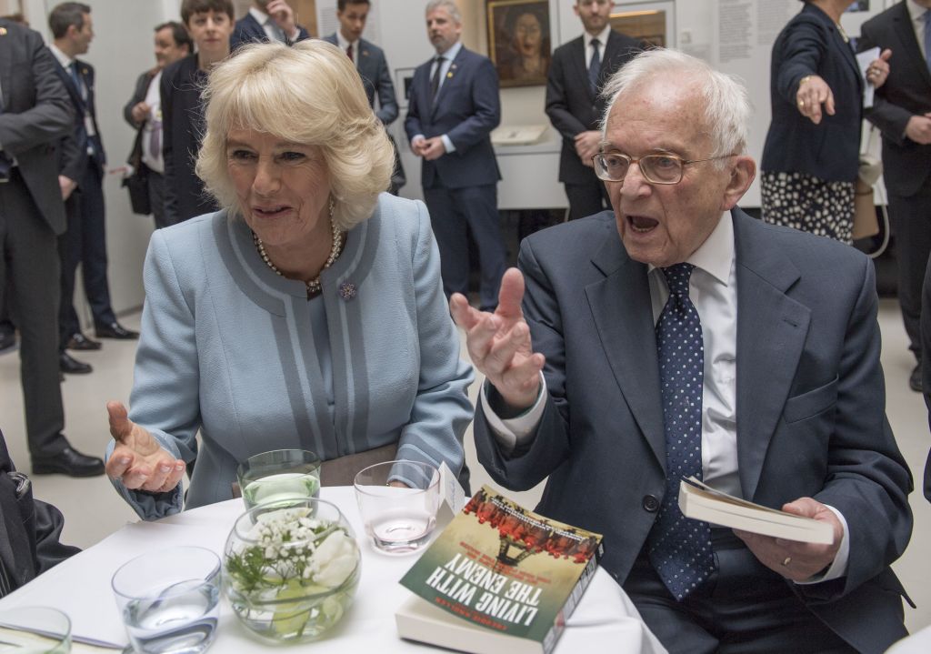 Auschwitz holocaust survivor Freddie Knoller speaks to the Duchess of Cornwall during her visit to The Jewish Museum in Vienna, Austria on the ninth day of the Prince of Wales's European tour. PRESS ASSOCIATION Photo. Picture date: Thursday April 6, 2017. See PA story ROYAL Tour. Photo credit should read: Arthur Edwards/The Sun/PA Wire