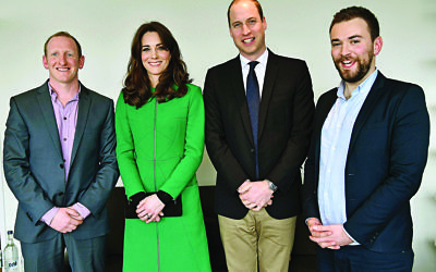 The Duchess of Cambridge and the Duke of Cambridge with former patient Jonny Benjamin (right), and Neil Laybourn during their visit to St Thomas' Hospital in London while promoting mental health issues and to highlight the help available for those who threaten to take their own lives.