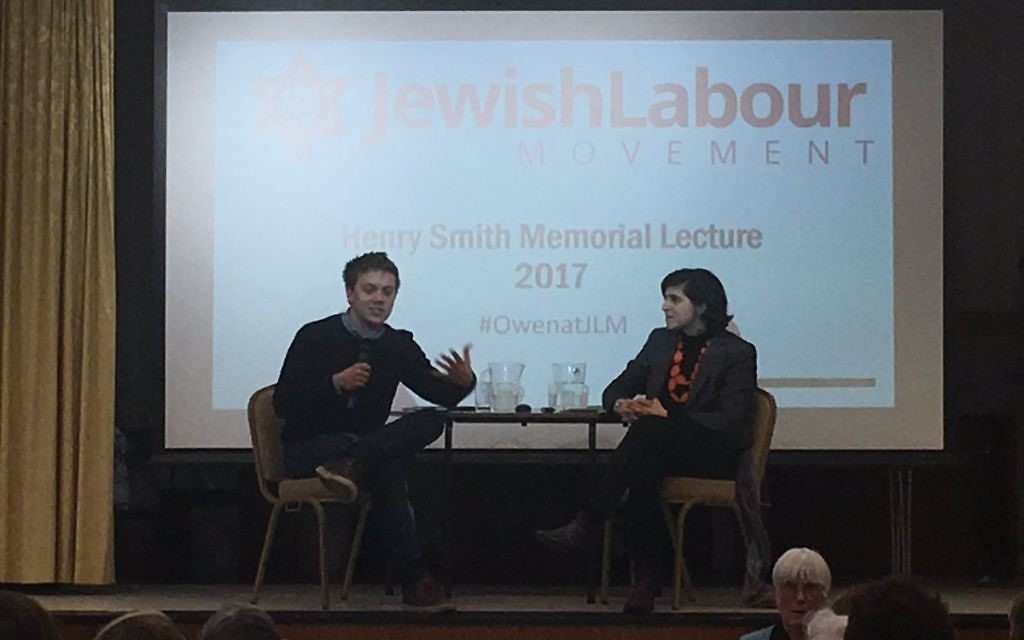 Owen Jones being interviewed by Sarah Sackman at the JLM event