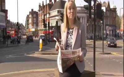 Sky News presenter Sophy Ridge reading the Jewish News in Golders Green