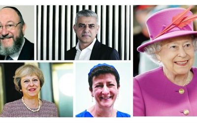 Top L-R: Chief Rabbi Ephraim Mirvis, Mayor of London Sadiq Khan. Bottom: Prime Minister Theresa May, senior rabbi, Movement for Reform Judaism Laura Janner-Klausner. On the right, Her Majesty the Queen.