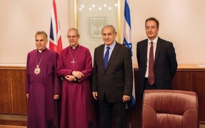 Justin Welby (centre left) and Benjamin Netanyahu (centre right) with Anglican Archbishop of Jerusalem, Suheil Dawani, far left, and British Ambassador David Quarrey, far right