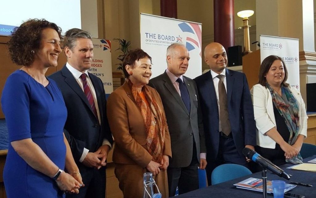 Board of Deputies plenary:  L-R: Board Chief Executive Gillian Merron, Labour's Keir Starmer, Liberal Democrat peer Baroness Sarah Ludford, Board president Jonathan Arkush, Tory minister Sajid Javid and Kirsten Oswald of the Scottish National Party.