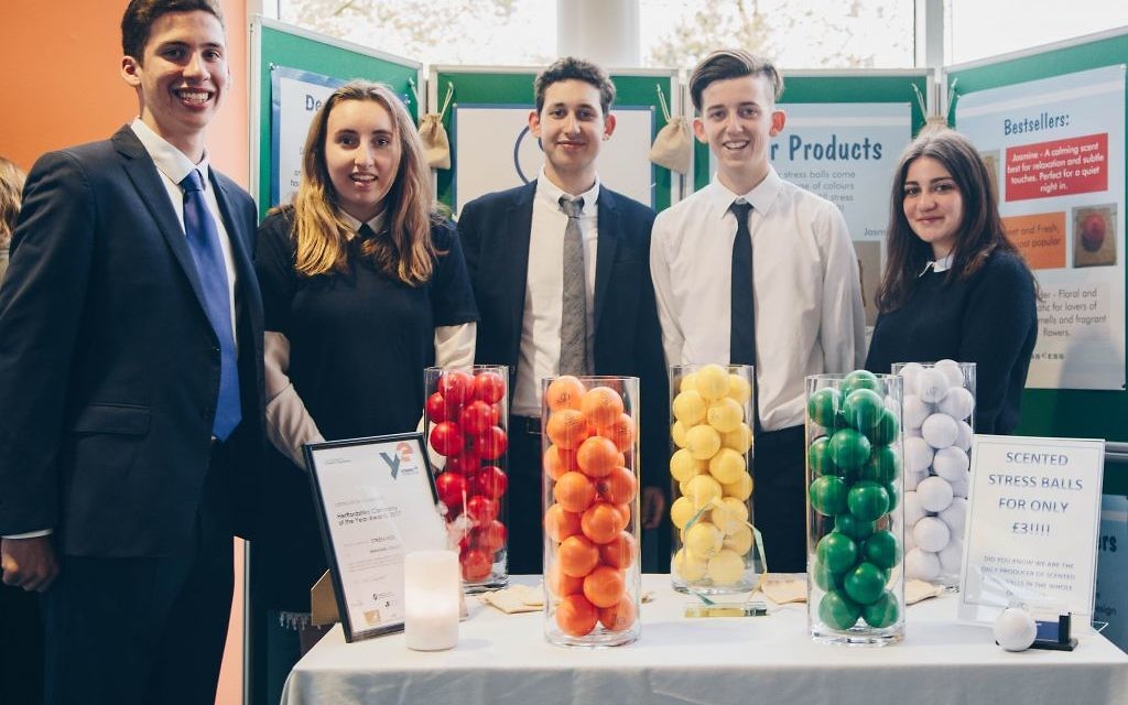 Presenters of the product,  Max Misrahi, Gemma Black, Teddy Vandermolen,  Gavriel Bauernfreund and Sabrina Miller, pose with their coloured scented stress balls:
