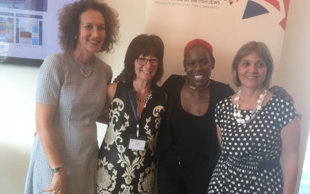 L-R:  Board of Deputies chief executive Gillian Merron, Norma Brier – co-chair of Women in Jewish Leadership, Shakira Martin, new NUS president, and founder of Mitzvah Day, Laura Marks