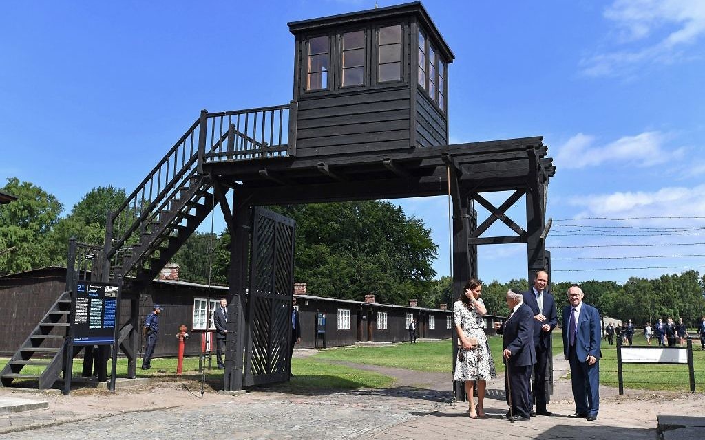 The Duchess of Cambridge with survivor Manfred Goldberg and the Duke of Cambridge with survivor Zigi Shipper during their visit to the former Nazi concentration camp at Stutthof, near Gdansk, on the second day of their three-day tour of Poland. 

Photo credit: Bruce Adams/Daily Mail/PA Wire