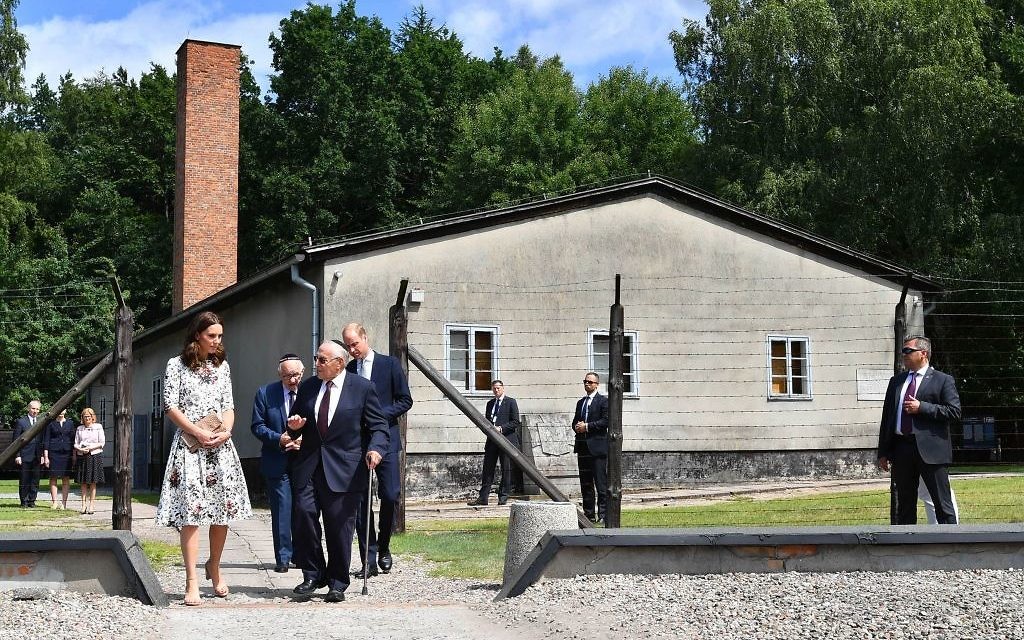 The Duchess of Cambridge with survivor Manfred Goldberg and the Duke of Cambridge with survivor Zigi Shipper during their visit to the former Nazi concentration camp at Stutthof, near Gdansk, on the second day of their three-day tour of Poland.

Photo credit: Bruce Adams/Daily Mail/PA Wire