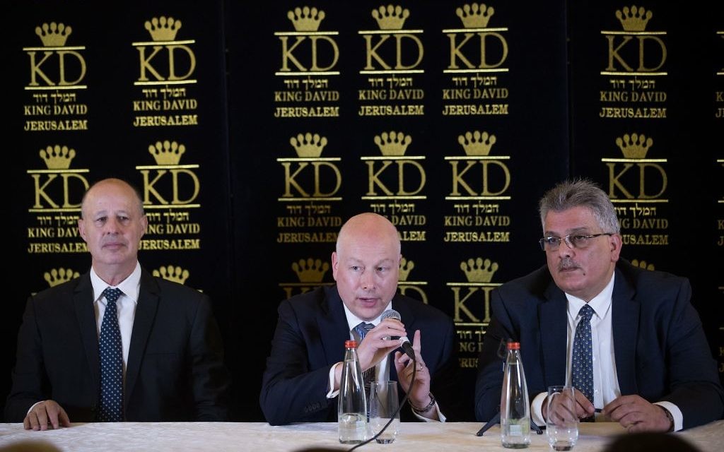 Mazen Ghoneim, head of the Palestinian Water Authority, speaks as Jason Greenblatt (C), U.S. President Donald Trump's Middle East envoy, and Tzachi Hanegbi (L), Israeli Minister of Regional Cooperation, sit next to him during a news conference in Jerusalem July 13, 2017. 

Photo by: Yonatan Sindel / JINIPIX