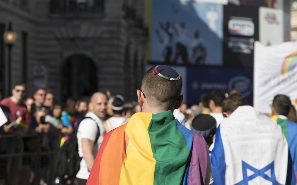 Jewish Rainbow flags at a Pride parade (Credit: Gilad Visotsky)