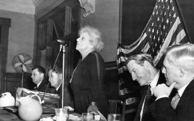 Louise Waterman Wise, a Jewish activist and wife of World Jewish Congress President Stephen Wise, second from right, addresses the WJC’s  War Emergency Conference in Atlantic City, N.J., November 1944. Nahum Goldmann, co-founder of the WJC, is second from left. (World Jewish Congress)