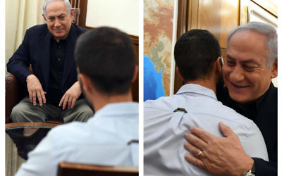 Bibi Netanyahu chatting with Ziv Moyal, 28 upon his return to Israel