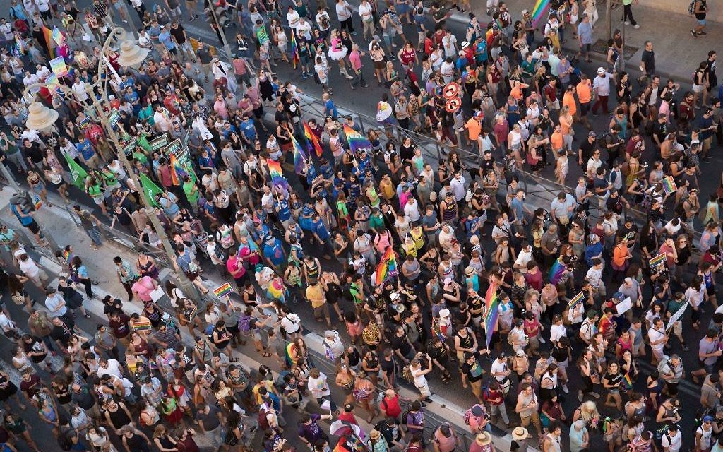 People participate in the annual Gay Pride parade in central Jerusalem, under heavy security on August 3, 2017. Photo by: JINIPIX