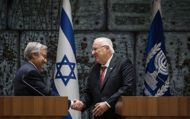 Israeli President Reuven Rivlin (R) delivers a welcoming speech during a meeting with the Secretary general of UN, António Guterres in Jerusalem, Israel, 28 August 2017. It's the first visit of António Guterres to Israel and Palestine as UN Secretary General. 

Photo by: JINIPIX