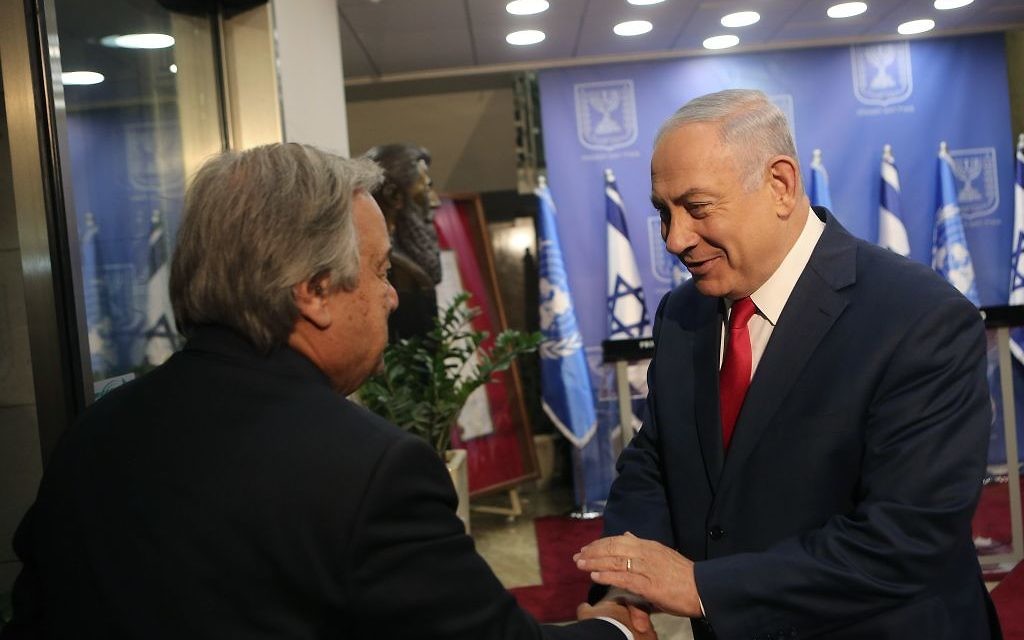 Israeli Prime Minister Benjamin Netanyahu meets with Secretary-General of the United Nations António Guterres, at the PM's office in Jerusalem on August 28, 2017. Photo by Alex Kolomoisky/POOL via JINIPIX Israeli Prime Minister Benjamin Netanyahu meets with Secretary-General of the United Nations António Guterres, at the PM's office in Jerusalem on August 28, 2017. Photo by Alex Kolomoisky/POOL via JINIPIX