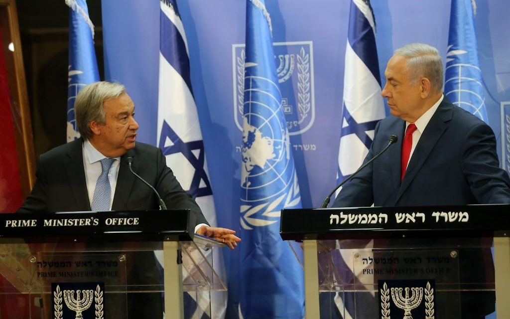 Israeli Prime Minister Benjamin Netanyahu meets with Secretary-General of the United Nations António Guterres, at the PM's office in Jerusalem. Photo by Alex Kolomoisky/POOL via JINIPIX Israeli Prime Minister Benjamin Netanyahu meets with Secretary-General of the United Nations António Guterres, at the PM's office in Jerusalem. Photo by Alex Kolomoisky/POOL via JINIPIX