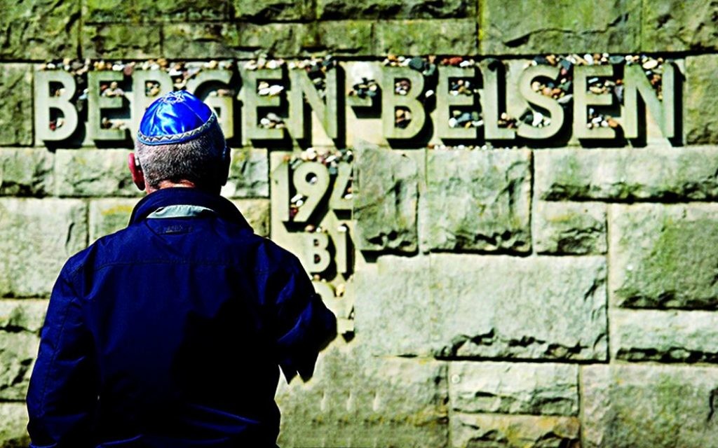 Holocaust survivor at the Bergen-Belsen memorial. The camp was liberated by Britain.