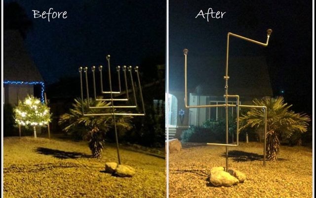 The Ellis family’s home at the beginning of Canukah, left, and early Friday morning when the menorah was vandalised, right. (Courtesy of Naomi Ellis via the Washington Post)