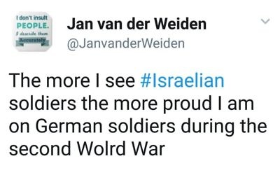 Jan van der Weiden's controversial tweet  (via 'nederland actueel' https://www.nederlandactueel.nl/2017/08/03/sper-jan-van-der-weiden-is-blij-dat-de-joden-werden-uitgeroeid/)