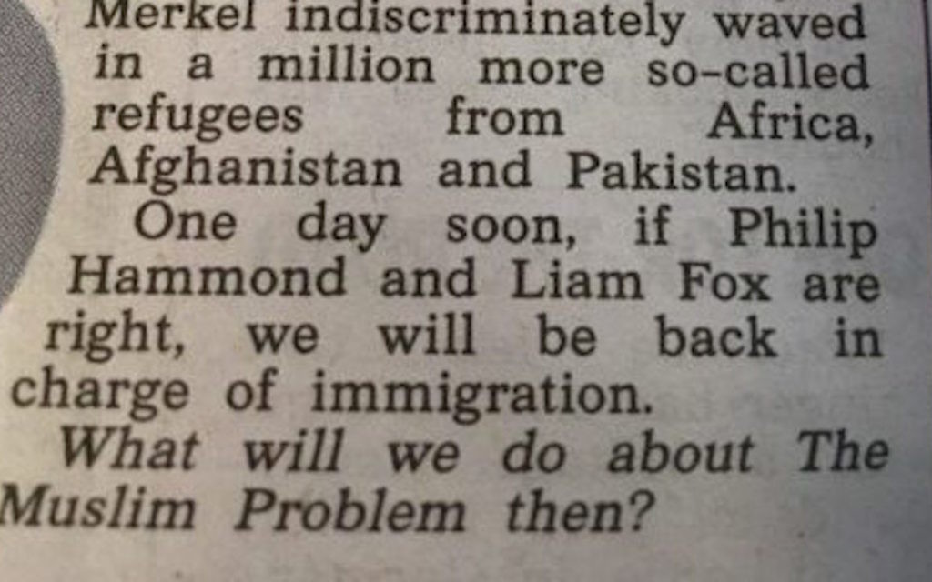 A screenshot of the article, with the 'Muslim Problem' line at the bottom of the text