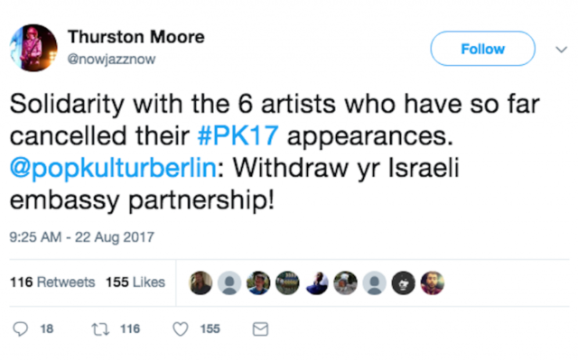 Thurston Moore, a former member of Sonic Youth, called on the festival to cancel the Israeli Embassy sponsorship “in solidarity with [the] Palestinian call for cultural boycott"