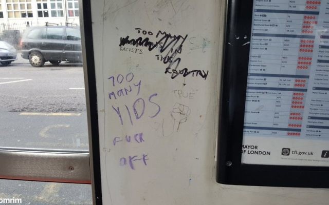 Anti-Semitic graffiti at a bus stop reads: "Too many yids, f*** off."

Photo credit: @Shomrim
