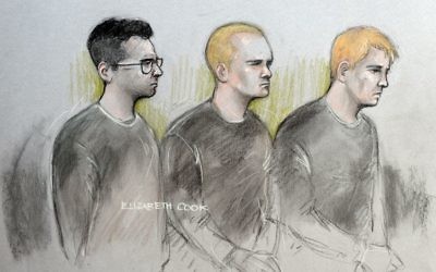 Court artist sketch by Elizabeth Cook of (from the left) Alexander Deakin, 22, Mikko Vehvilainen, 32, and Mark Barrett, 24, appearing at Westminster Magistrates' Court in London where they have been charged with terrorism offences as part of an investigation into banned neo-Nazi group National Action. 

Photo credit should read: Elizabeth Cook/PA Wire