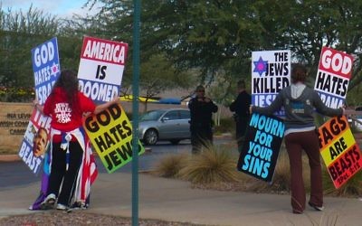 A protest against Jews, held by the Westboro Baptist Church.