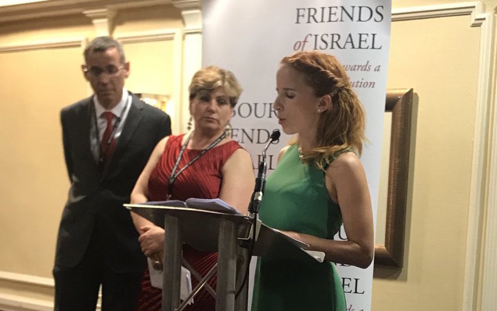 Stav Shaffir addressing the LFI conference in Brighton, as shadow foreign secretary Emily Thornberry and Israeli ambassador to Britain Mark Regev look on