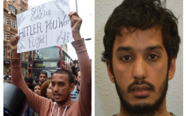 Hussain Yousef (left) holding his 'Hitler was right' sign, and right, in photo by the Metropolitan Police