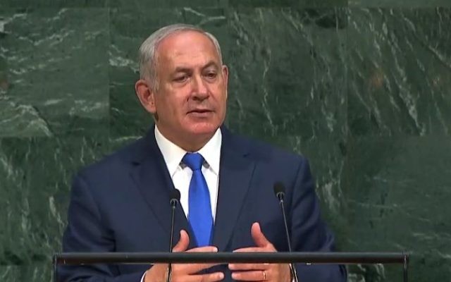 Benjamin Netanyahu addressing the United Nations General Assembly.