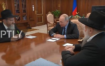 Putin with Russia's Chief Rabbi Berel Lazar and Head of the Federation of Jewish Communities of Russia Alexander Boroda