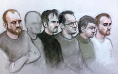 Court artist drawing by Elizabeth Cook of six alleged members of National Action (left to right) Christopher Lythgoe, 31, of Warrington, Cheshire, a 22-year-old man from Lancashire who cannot be named for legal reasons, Garron Helm, 24, of Seaforth, Merseyside, Michael Trubini, 35, of Warrington, Andrew Clarke, 33, of Warrington and Matthew Hankinson, 23, of Newton-le-Willows, Merseyside, at Westminster Magistrates Court in London, who are accused of continuing to be members of right-wing terror group after the group was banned under UK law
Photo credit should read: Elizabeth Cook/PA Wire Court artist drawing by Elizabeth Cook of six alleged members of National Action (left to right) Christopher Lythgoe, 31, of Warrington, Cheshire, a 22-year-old man from Lancashire who cannot be named for legal reasons, Garron Helm, 24, of Seaforth, Merseyside, Michael Trubini, 35, of Warrington, Andrew Clarke, 33, of Warrington and Matthew Hankinson, 23, of Newton-le-Willows, Merseyside, at Westminster Magistrates Court in London, who are accused of continuing to be members of right-wing terror group after the group was banned under UK law
Photo credit should read: Elizabeth Cook/PA Wire