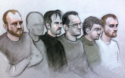 Court artist drawing by Elizabeth Cook of six alleged members of National Action (left to right) Christopher Lythgoe, 31, of Warrington, Cheshire, a 22-year-old man from Lancashire who cannot be named for legal reasons, Garron Helm, 24, of Seaforth, Merseyside, Michael Trubini, 35, of Warrington, Andrew Clarke, 33, of Warrington and Matthew Hankinson, 23, of Newton-le-Willows, Merseyside, at Westminster Magistrates Court in London, who are accused of continuing to be members of right-wing terror group after the group was banned under UK law

Photo credit should read: Elizabeth Cook/PA Wire