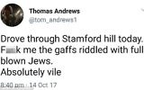 The tweet sent by @tom_andrews1, who has now disappeared from the site as a user, was criticised for being anti-Semitic 

Image via Mail Online