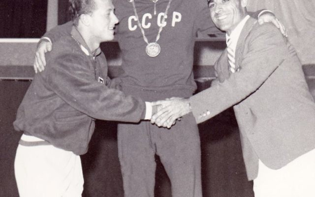 L-R: Isaac Berger who won silver, Yevgeny Minayev, the gold medalist, and Sebastiano Mannironi with bronze, at the 1960 Olympics in Rome