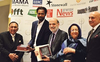 Imam Bocoum and Rabbi Wittenberg receiving their award at 2017 #no2h8crime awards