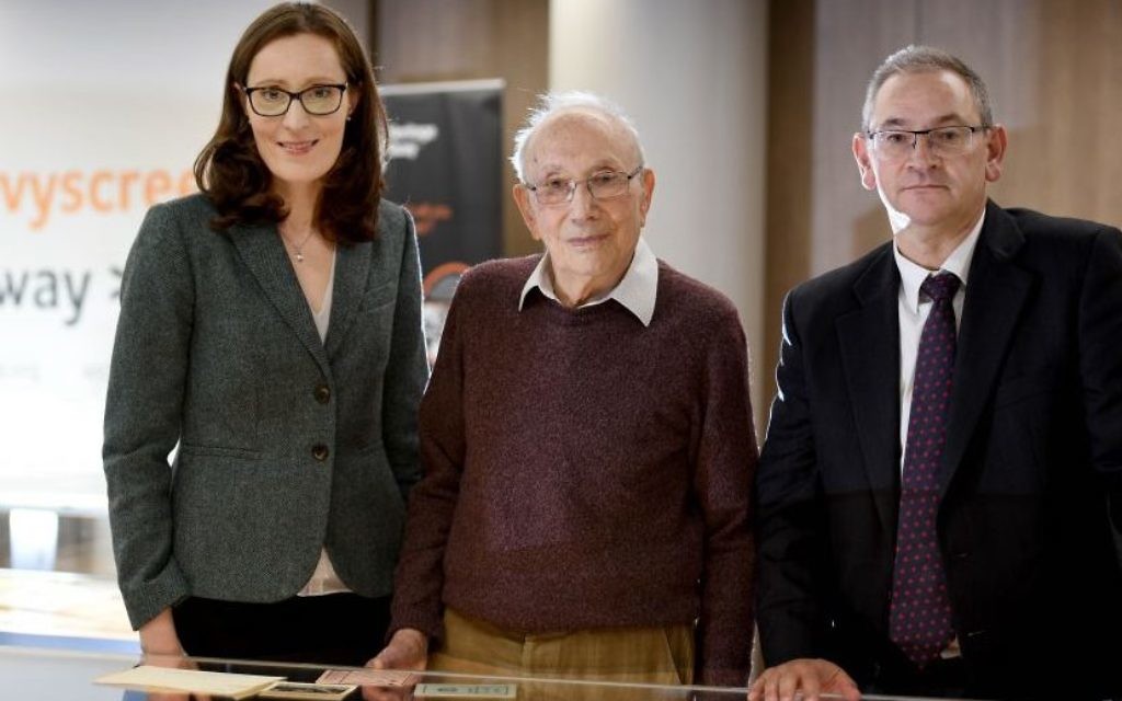 Centre Director Emma King, Holocaust survivor Heinz Skyte (centre) and Shulmans LLP Simon Jackson