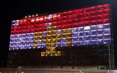 The Tel Aviv Municipality building lit in the colors of the Egyptian flag 


(Credit: Nir Dvori/Tel Aviv Municipality)