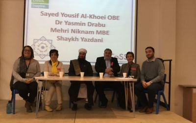 The panel of Muslim speakers at JCoSS. L-R: School staff member,  Dr Drabu;  Shaykh Yazdani. Yousif Al-Khoei; Mehri Niknam; Ben Abram