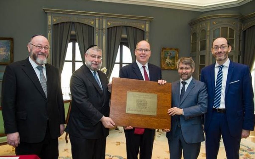 Chief Rabbi Ephraim Mirvis, Chief Rabbi Goldschmidt, Prince Albert of Monaco, First Vice President Chief Rabbi Korsia of France and the Rabbi of Monaco, Rabbi Torgmant.