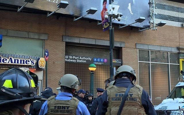 Photo issued by the New York City Fire Department of emergency services outside 42 St-Port Authority Subway Station in New York City, after an explosive device was set off on a New York subway platform, police said.

Photo credit: FDNY/PA Wire