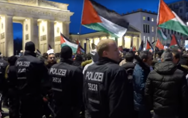 Police on patrol at an anti-Israel protest in Germany - in demonstrations that saw alleged anti-Semitic chanting