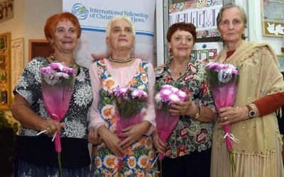 Participants in the survivors fashion show in Arad, organized in part by the International Fellowship of Christians and Jews, included (From left)  Sonia Domine, Elizabeth Rodich, Rosa Chavrova, and Lila Kortekova.