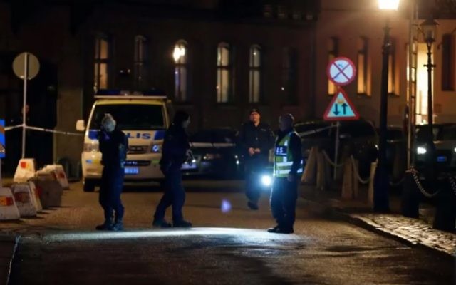 The scene outside the synagogue in Gothenburg after the firebombing