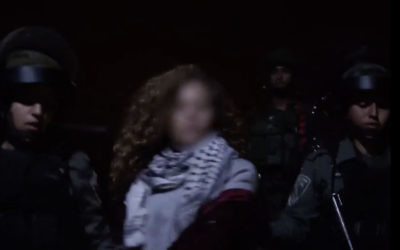Video from the Israeli military showing the arrest of a Palestinian activist identified as Ahed Tamimi, 17, Dec. 19, 2017. (IDF spokesperson video screenshot via JTA)