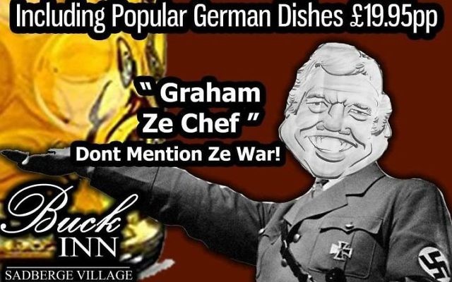 One of two Facebook posts by The Buck Inn pub in Darlington pub which have been banned for using Nazi imagery and "trivialising" the Second World War to advertise a German food night. 

Credit: The Buck Inn/PA Wire