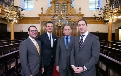 Left-Right: Rabbi Shalom Morris, David Ereira,Lord Bourne and Rabbi Joseph Dweck, at Bevis Marks