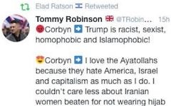 Amos's tweet showing Elad's alleged retweet of Tommy Robinson Amos's tweet showing Elad's alleged retweet of Tommy Robinson