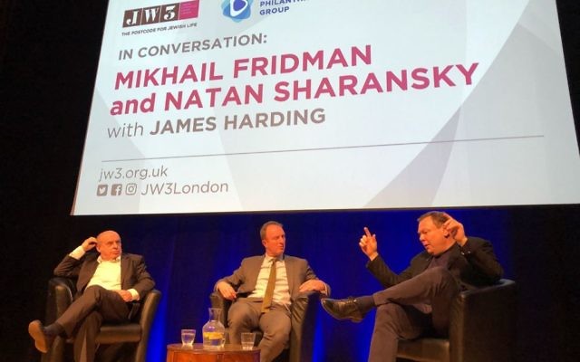 Natan Sharansky (left), James Harding (centre) and Mikhail Fridman (right) speaking at JW3